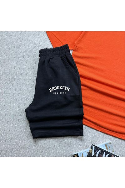 khufu Oversize Orange Relaxed Fit Brooklyn Printed T-shirt Black Shorts and Sweatpants 3-Piece Set Unisex
