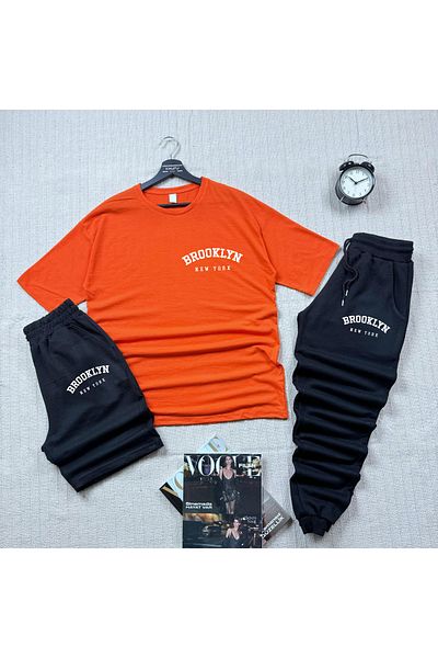 khufu Oversize Orange Relaxed Fit Brooklyn Printed T-shirt Black Shorts and Sweatpants 3-Piece Set Unisex