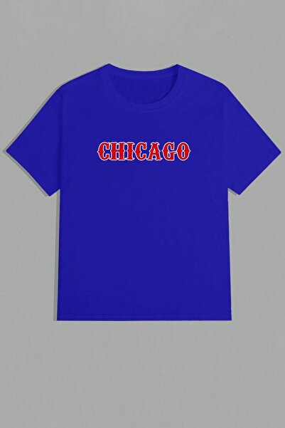 MODAGEN Men's Blue Crew Neck Chicago Printed Oversize T-shirt