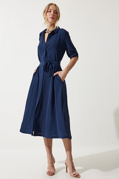 Happiness İstanbul Rochie cămașă cu curea albastru bleumarin pentru femei DD01256