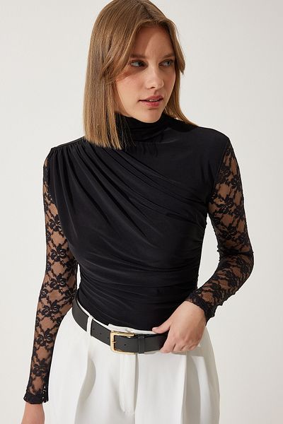 Happiness İstanbul Women's Black Lace Sleeve Gathered Knitted Blouse FF00164