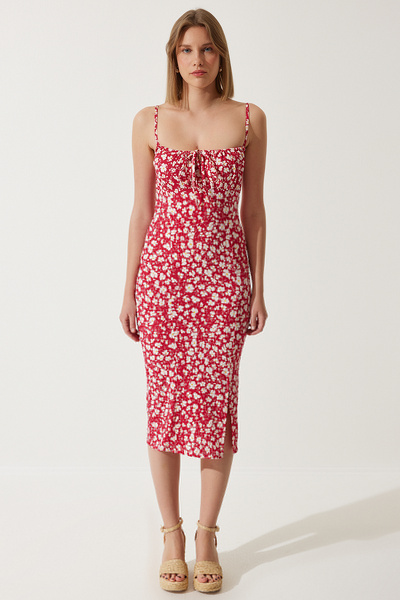 Happiness İstanbul Kadın Koyu Pembe Çiçekli Yırtmaçlı Yazlık Örme Elbise CI00029