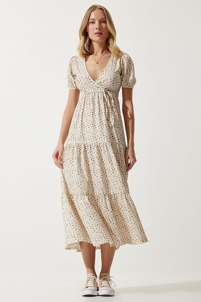 Happiness İstanbul Gemustertes Sommer-Strickkleid für Damen in Creme mit Wickelkragen UB00267