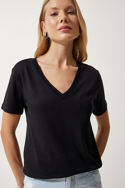 Happiness İstanbul Women's Black V-Neck Modal Knitted T-Shirt HW00009