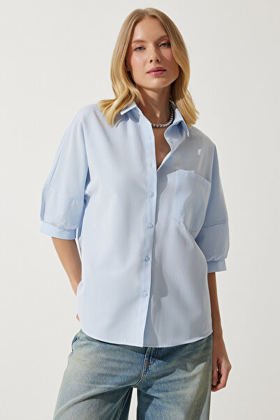 Happiness İstanbul Dámská nebesky modrá popelínová košile s balonovým rukávem DD01308