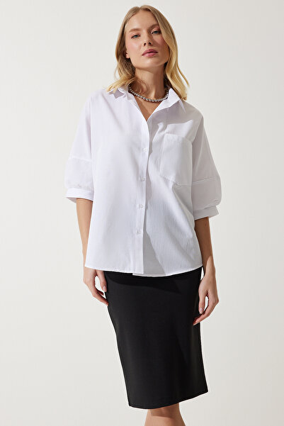 Happiness İstanbul Biała koszula damska popelinowa z rękawami balonowymi DD01308