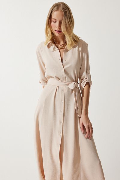 Happiness İstanbul Cremefarbenes Hemdblusenkleid mit Gürtel für Damen DD01256