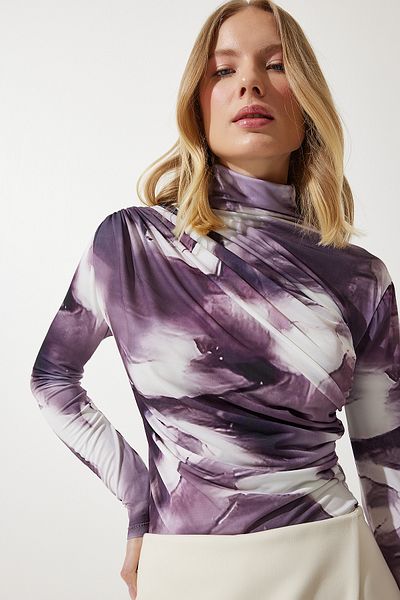 Happiness İstanbul Damenbluse mit drapiertem Stehkragen in Pflaume, Sandy FF00138