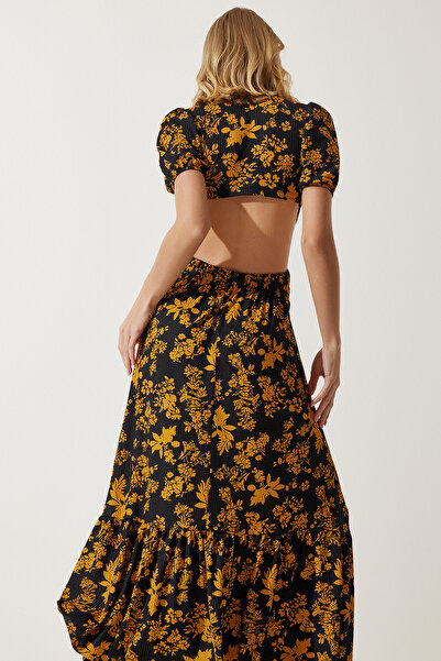 Happiness İstanbul Dámské černé pletené šaty s hořčičným vzorem okna s detailní přezkou MC00263