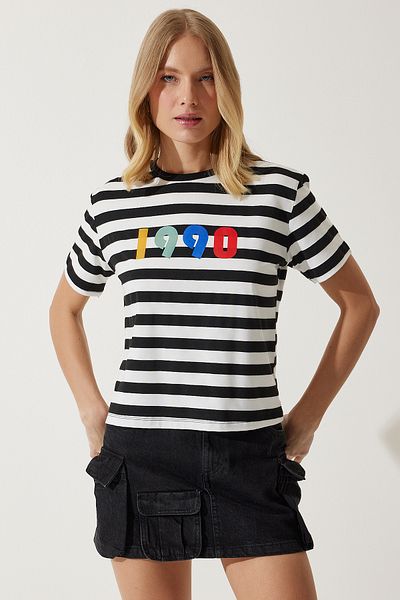 Happiness İstanbul Women's Black and White Printed Striped Knitted T-Shirt AN00181