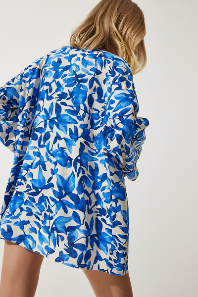 Happiness İstanbul Dámské modré vzorované viskózové kimono EN00615