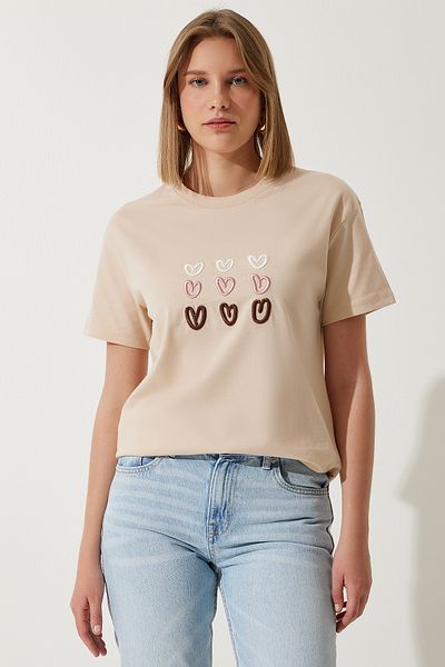 Happiness İstanbul Damen-T-Shirt aus Baumwolle mit Biscuit-Herz-Stickerei MP00026