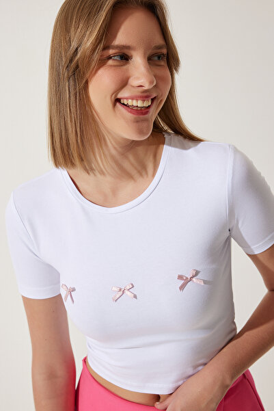 Happiness İstanbul Dámské triko s bílou mašlí s detailním ořezem MC00279