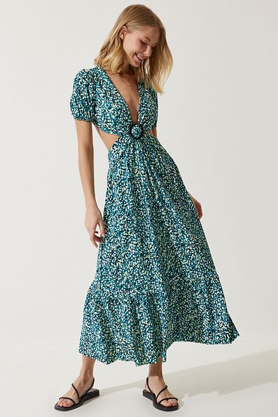 Happiness İstanbul Grün gemustertes Damen-Strickkleid mit Fensterdetail und Schnalle MC00263