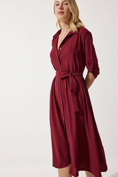 Happiness İstanbul Burgunderrotes Hemdblusenkleid mit Gürtel für Damen DD01256