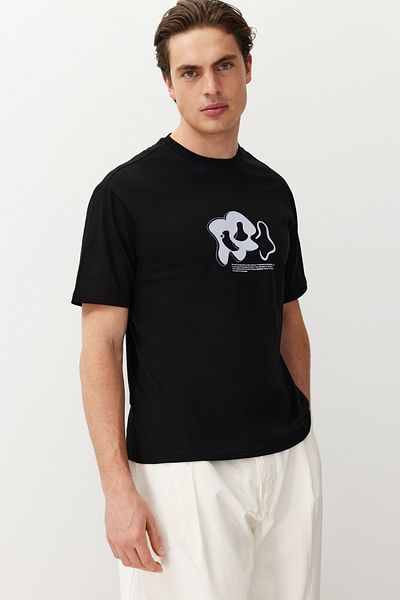 Trendyol Collection Black Oversize/Wide Cut Reflective Printed 100% Cotton T-Shirt Tmnss24Ts00191