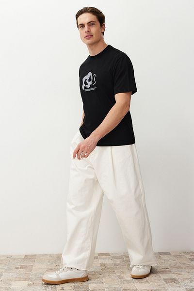 Trendyol Collection Black Oversize/Wide Cut Reflective Printed 100% Cotton T-Shirt Tmnss24Ts00191