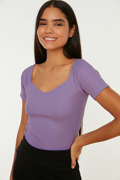 Trendyol Collection Λιλά Εφαρμογή Βαμβακερή Stretch Πλεκτή Μπλούζα TWOSS21BZ0579