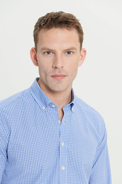 AC&Co / Altınyıldız Classics Férfi kék karcsú, keskeny szabású gombos galléros pamut kockás ing