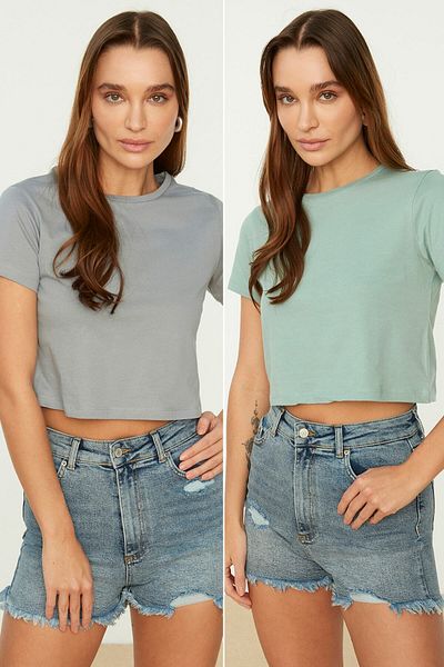 Trendyol Collection Pachet de 2 tricouri tricotate cu decolteu rotund, 100% bumbac, gri-mentă TWOSS20TS1480