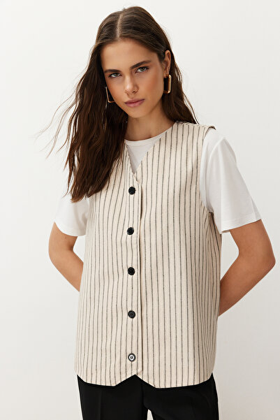 Trendyol Modest Ecru Striped Linen Look Woven Vest TCTSS24YL00010