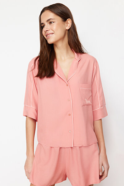 Trendyol Collection Woven Pajamas Set with Powder Animal Embroidery Piping Detail Viscose Shorts Thmss24Pt00183