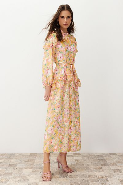 Trendyol Modest Πορτοκαλί φλοράλ βολάν Φόρεμα από υφαντό σιφόν με λεπτομερή επένδυση TCTSS24EB00003