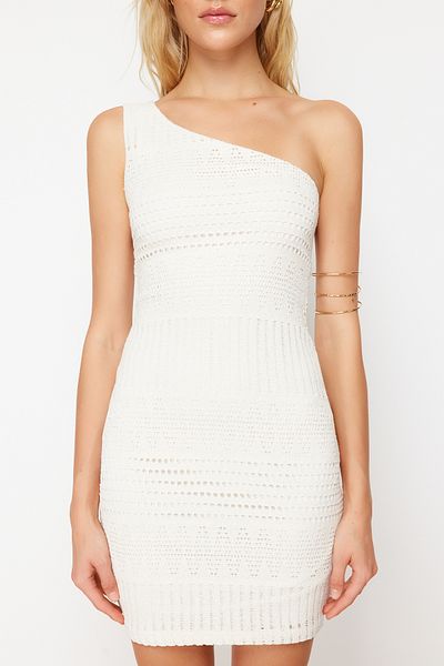 Trendyol Collection Ecru Knitwear Look Bodycone/Fitting egyujjú mini rugalmas kötött ceruza ruha TWOSS24EL00572