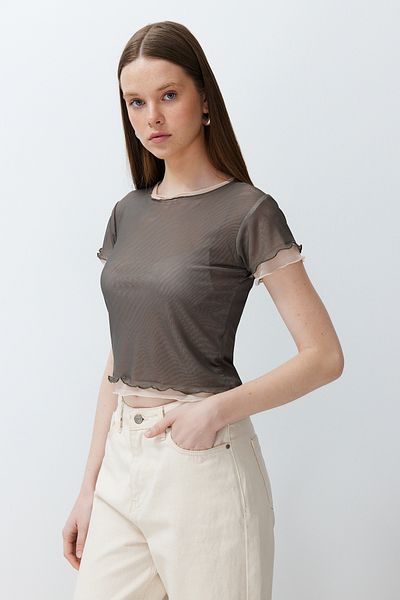 Trendyol Collection Khaki Fitted/Fitted Short Sleeve Double Layer Knitted Blouse TWOSS24BZ00496