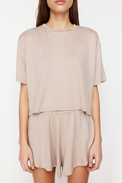 Trendyol Collection Bézs puha gombos póló és rövidnadrág kötött felső és alsó készlet TWOSS24AU00056