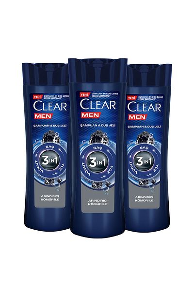 Clear 350 ml X3 - 3 In 1 Shampoo and Shower Gel Purifying Charcoal Hair Face Body Product for Men