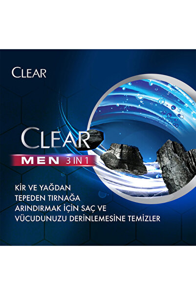 Clear Men 3 In 1 Şampuan & Duş Jeli Arındırıcı Kömür Saç Yüz Vücut Için 350 ml X2