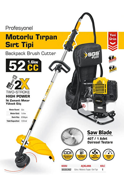 SGS 5362 Profesyonel Benzinli Motorlu Sırt Tırpanı Makinesi 52cc