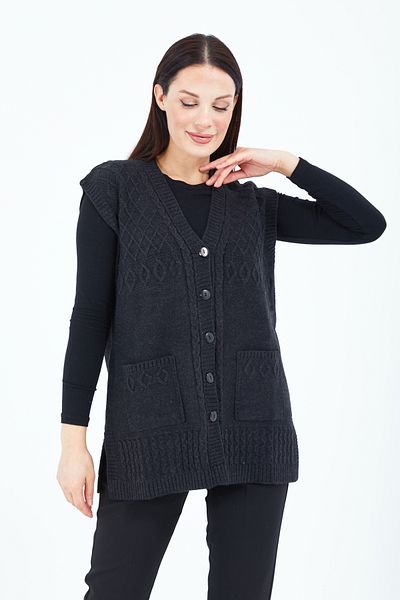 Stilmony Women's Black Buttoned Mother's Wool Vest with Pockets