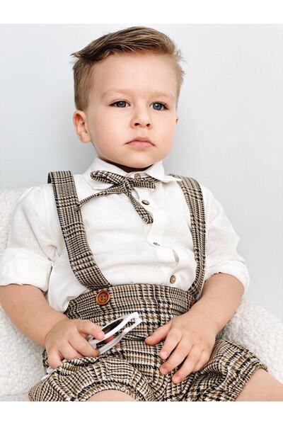 Ares Kids Fashion Striped Brown Salopet White Shirt And Neck Collar Accessory Holiday Special Daily Children's Baby Clothing