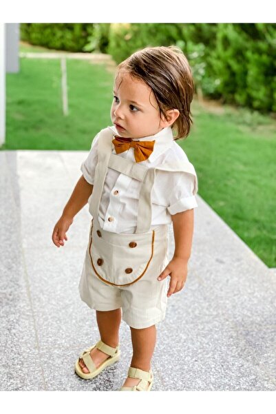 Ares Kids Fashion Cream Salopet White Shirt And Orange Bow Tie Baby And Children's Clothing Men's Holiday Gift