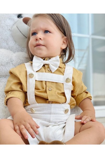 Ares Kids Fashion Cream Color Salopet Mustard Yellow Shirt And Bow Tie Boys Girls Holiday Gift Baby And Children's Clothing