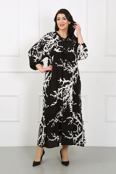 By Alba Collection Γυναικείο ασπρόμαυρο φόρεμα με στάμπα με μακρυμάνικο βαμβακερό βισκόζη σε μεγάλο μέγεθος