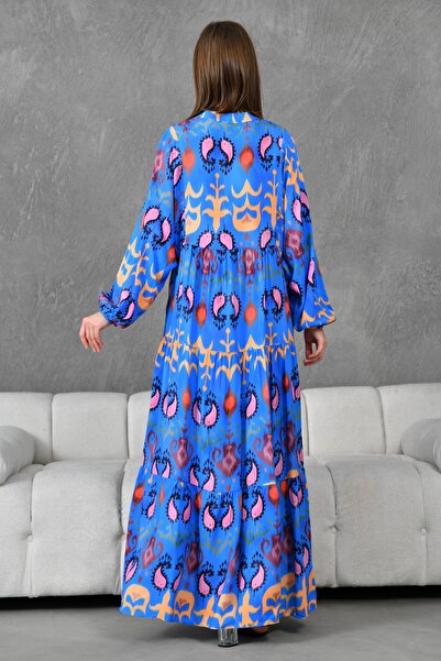 bayansepeti Жіноче етнічне плаття з ґудзиками, коміром-стійкою, рукавами-ліхтариками, широким кроєм та синім кольором 036