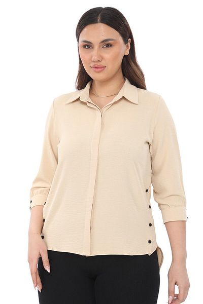 Selent Women's Hidden Buttoned Three-Quarter Sleeve Side Slit Detailed Ayrobin Linen Large Size Shirt