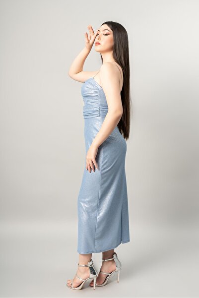 fevzuss Bebe Mavisi Taşlı Midi Boy Abiye