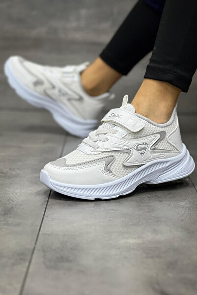 BOUIS Children's White Lace-Up Single Velcro Flexible Light Breathable Unisex Mesh Sneaker Sports Shoes