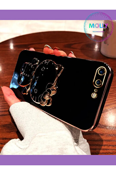 Molly iPhone 7 PLUS İçin Siyah Hello Kitty Standlı Kenarları Gold Detaylı Lük...