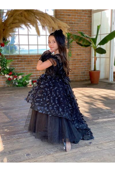 Sare Çocuk Giyim Black Butterfly Detailed Girl's Evening Dress, Buckle, Gloves