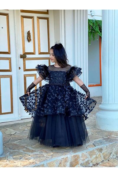 Sare Çocuk Giyim Black Butterfly Detailed Girl's Evening Dress, Buckle, Gloves