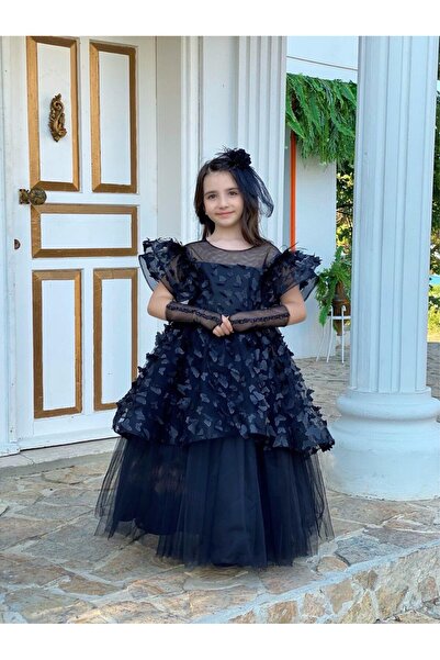 Sare Çocuk Giyim Siyah Kelebek Detaylı Kız Çocuk Abiye Elbise, Toka, Eldiven