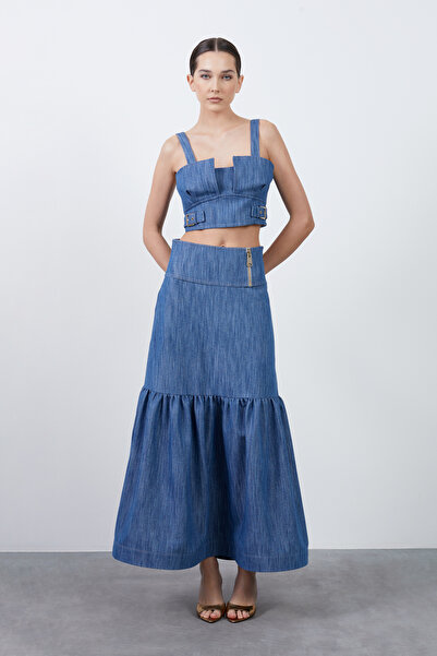 GİZİA Fermuar Detaylı Lacivert Uzun Etek