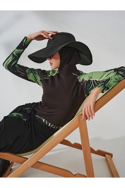 ALFASA Stand Collar Raglan Sleeve Hijab Swimsuit
