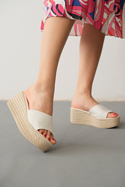 Lolita Love Shoes Danielle White Straw Look Sole Wedge Heel Slippers