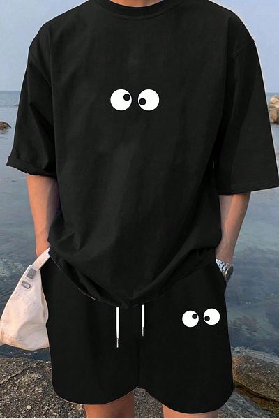 MODAGEN Men's Black Eye Printed T-Shirt Shorts Set